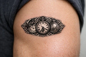 A trio of pocket watches, open and closed, framed by Celtic spirals. tattoo idea