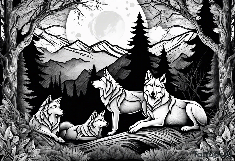 Mountain peaks
Two wolves sitting at end of trail
Moon
Dark woods tattoo idea