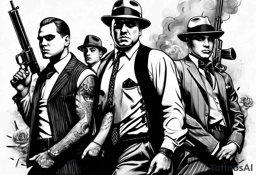 group of gangsters including Al Capone and bonnie and Clyde with machine guns surrounded by smoke and fire tattoo idea