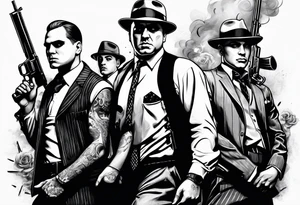 group of gangsters including Al Capone and bonnie and Clyde with machine guns surrounded by smoke and fire tattoo idea
