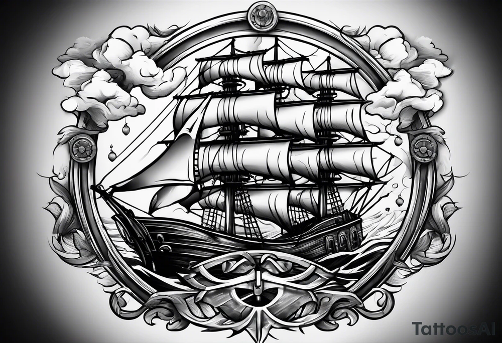 Old man turning ships wheel in a storm tattoo idea