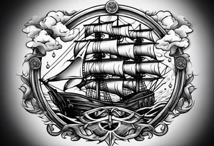 Old man turning ships wheel in a storm tattoo idea