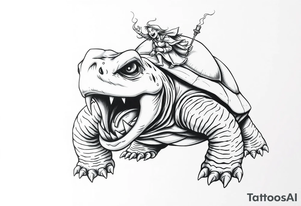 powerful and angry turtle with huge teeth and a tiny person riding on the back holding a torch tattoo idea