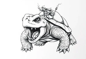 powerful and angry turtle with huge teeth and a tiny person riding on the back holding a torch tattoo idea