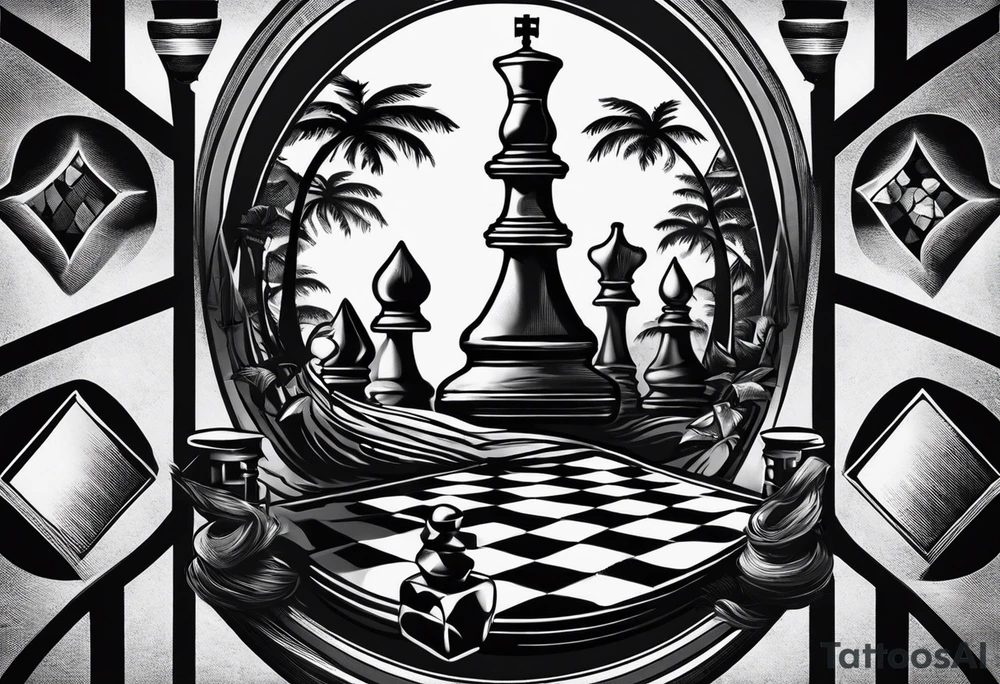 A black-and-white tattoo featuring a chessboard with scattered chess pieces, symbolizing strategy and the unpredictability of life. In the background, an hourglass with sand halfway through represents the passage of time. The chessboard is slightly distorted to give a surreal, maze-like effect. The design uses bold lines and shading to create contrast, with no extra colors, staying true to the black-and-white theme tattoo idea