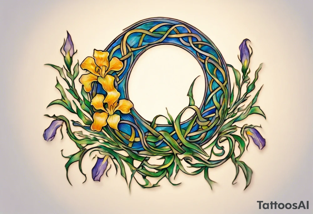 Create a small, colorful Vincent van Gogh Irises tattoo in the form of a crescent, with vines in Celtic knot style gracefully intertwining at a central point in the middle of the wreath. The intended placement is on the upper chest. The middle needs mountains. The overall design should be small in size while maintaining a delicate and artistic aesthetic. Pay attention to the graceful flow of the vines and the placement of the irises to achieve a refined and elegant look. tattoo idea