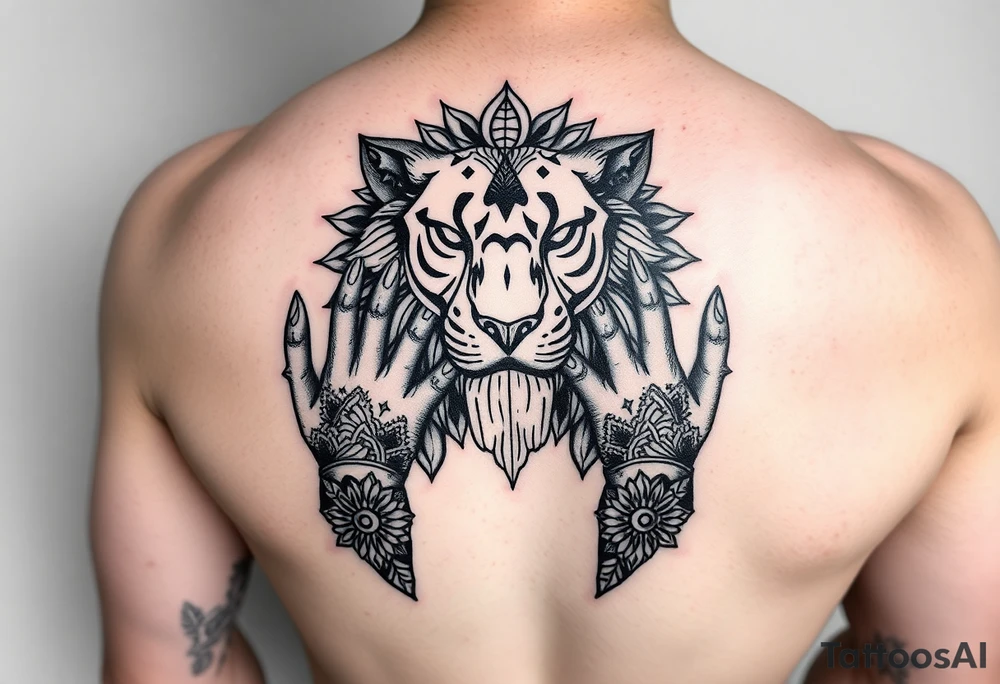 A tattoo for the upper hand with a realistic lion head with mandala patterns around it that covers the hands and a small part of the fingers. tattoo idea