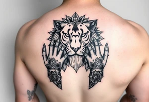 A tattoo for the upper hand with a realistic lion head with mandala patterns around it that covers the hands and a small part of the fingers. tattoo idea