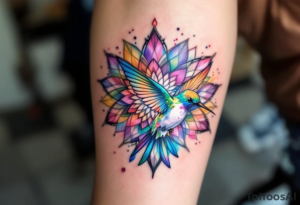 Colorful hummingbird centered in front of a mandala design tattoo idea
