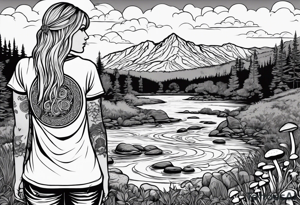 Whole picture encircled fully

Straight long blonde hair hippie girl in distance holding mushrooms in hand facing away toward mountains and creek surrounded by mushrooms long sleeve shirt and hiking pants; whole rendering within a full celtic circle, no cut off circle tattoo idea
