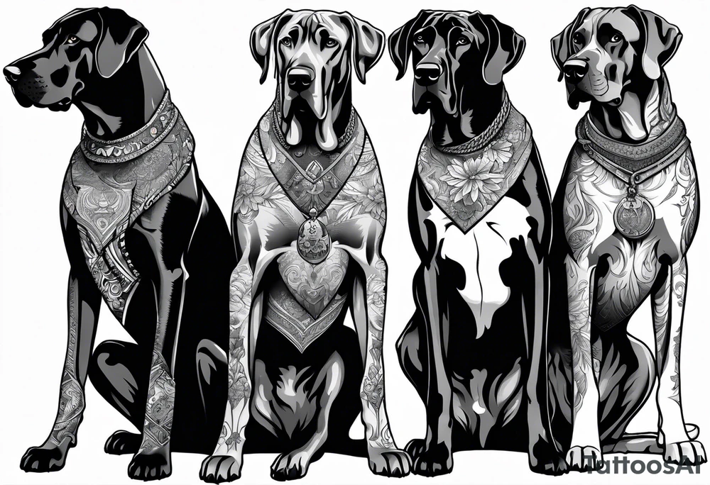 (full arm sleeve on guy) with (4) Four Great Dane floppy ear dogs with an outdoor vibe tattoo idea