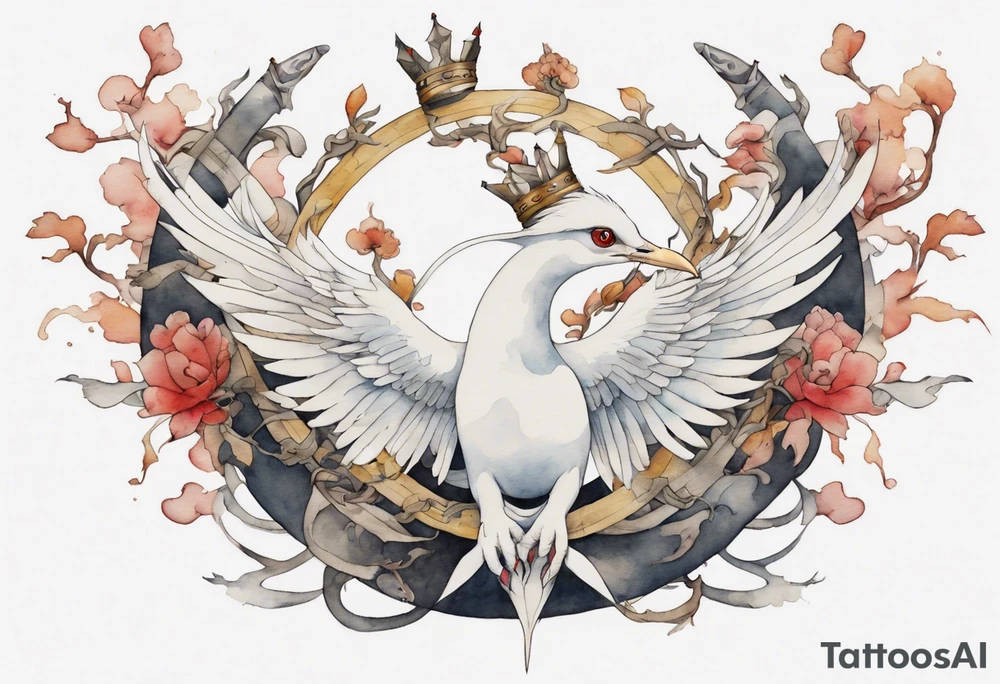 a watercolor of a white bird-serpent hybrid wearing an iron crown, flying tattoo idea