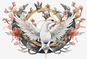 a watercolor of a white bird-serpent hybrid wearing an iron crown, flying tattoo idea