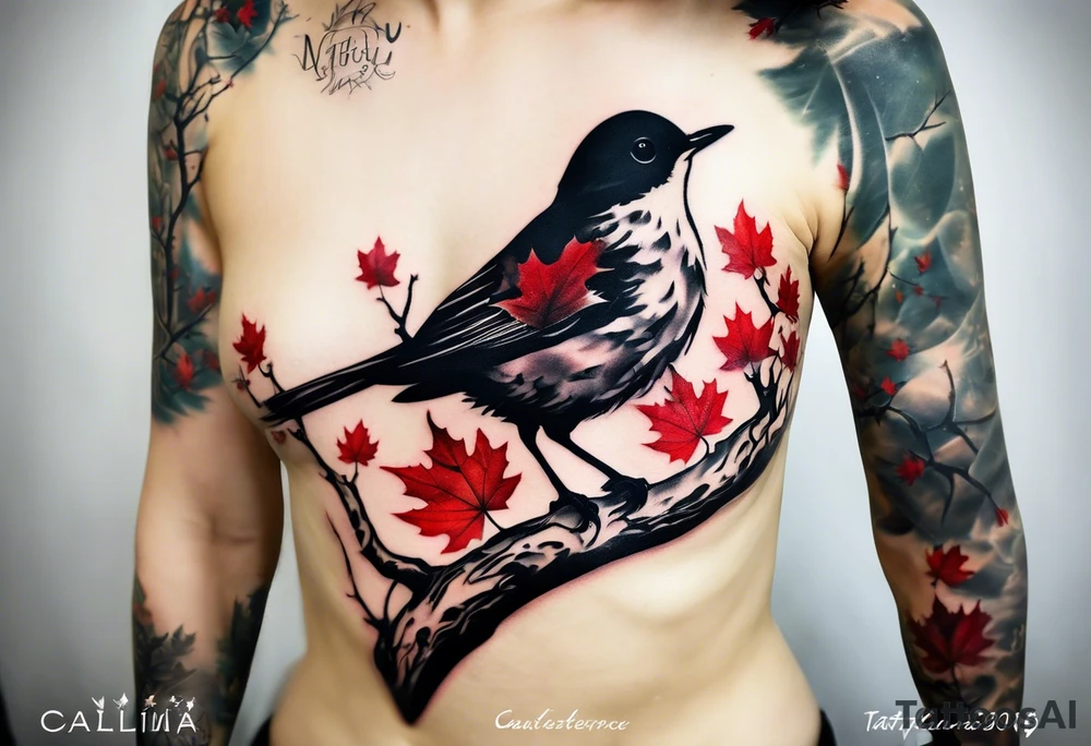 trash polka style. Arm tattoo. chest tattoo. Long tattoo. large tattoo. Full sleeve. Shoulder. A single large maple tree with red autumn leaves that branches upwards from wrist to shoulder. White-throated dipper bird on the trees branches. Calluna flowers at the base of the trees stem. Leaves falling. tattoo idea