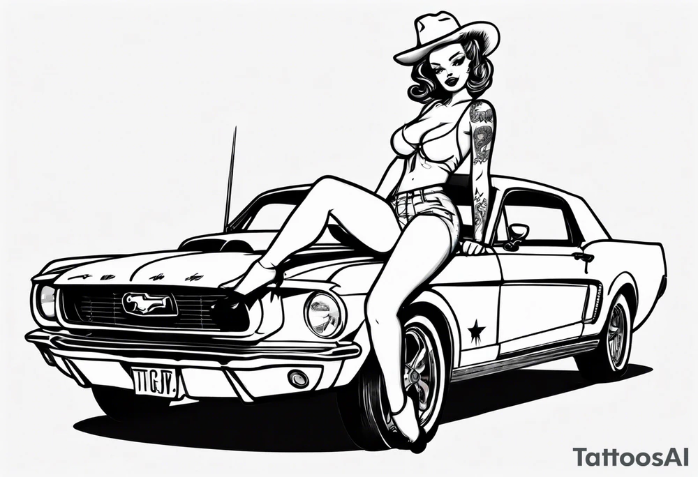 pinup doll sitting on the hood of a mustang car tattoo idea
