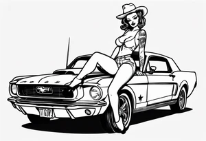 pinup doll sitting on the hood of a mustang car tattoo idea
