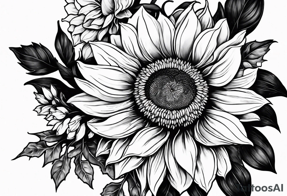 Sunflower, daffodil, poppy, chrysanthemum and holly tattoo idea