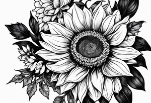 Sunflower, daffodil, poppy, chrysanthemum and holly tattoo idea