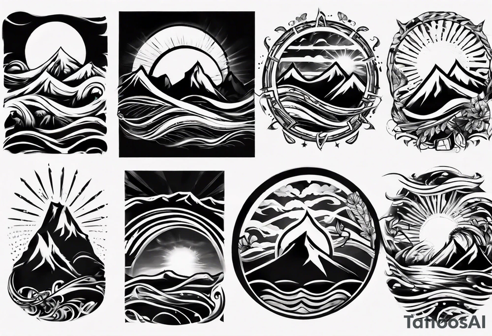 sleeve, mountains, waves, sun, trees tattoo idea