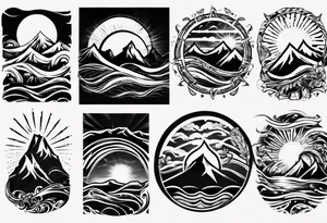 sleeve, mountains, waves, sun, trees tattoo idea