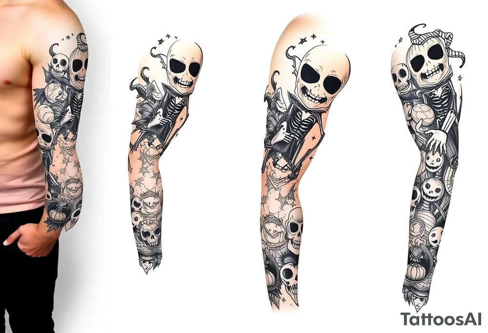 Full sleeve on leg of Halloween inspired art work tattoo idea