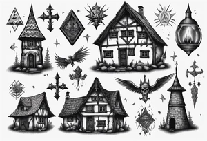 A Medieval scandanavian house giving off a sinister and mysterious air tattoo idea