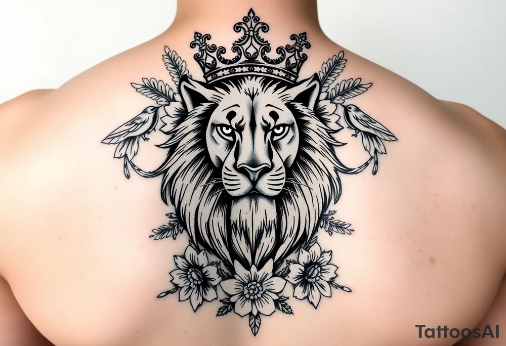 powerful majestic lion with a crown, surrounded by floral ornaments and birds tattoo idea