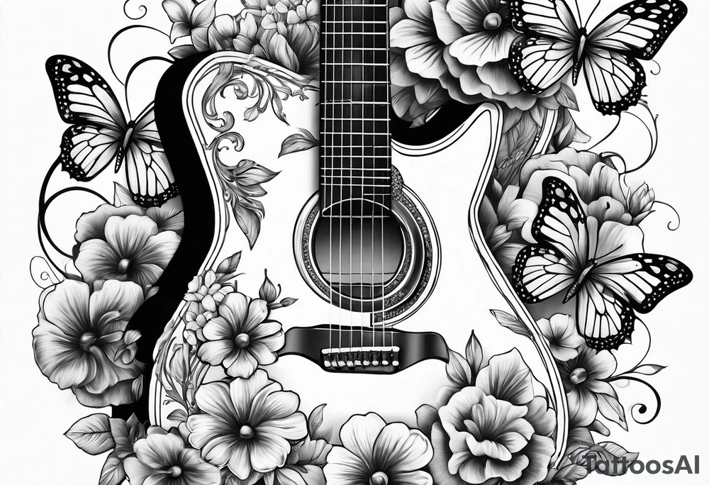 Guitar with flowers growing off the side, butterflies, small tattoo idea