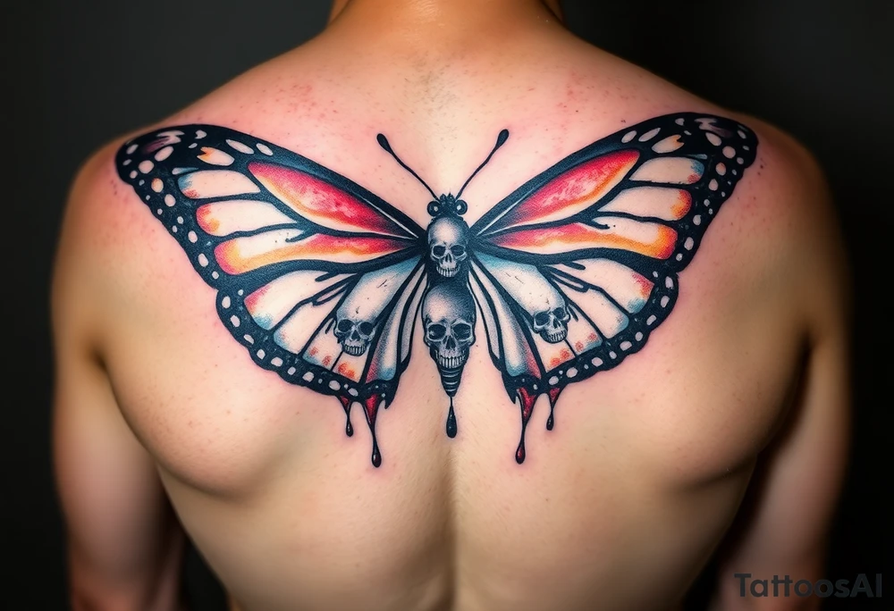 powerful majestic and dark monarch butterfly with skull detail in the wings
hidden skulls in wings, skull detail making the body of the butterfly with a horror style dripping effect, including blue, red and white colouring tattoo idea
