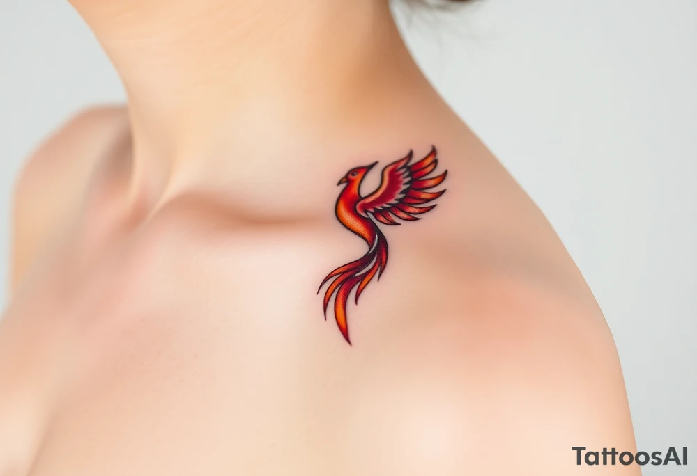 Square, phoenix rising from fire with both wings opened, colors red, pink, orange and purple. tattoo idea
