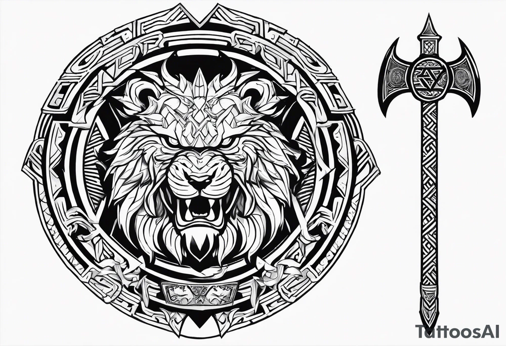 Valhalla sword shield axe Valknut dragon lion tattoo idea Valhalla sword shield axe Valknut dragon lion tattoo idea