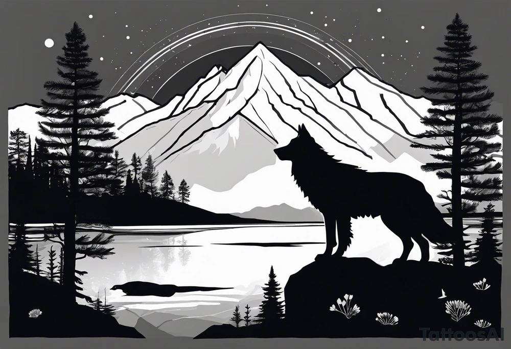 Black and white silhouette illustration of a majestic, bioluminescent wolf and eagle perched on a rocky mountain. The wolf and eagle are outlined in bold black lines, with a subtle glow suggested through radiating shapes around their forms. The surrounding landscape features silhouettes of glowing flowers, trees, and a winding river, all outlined simply. The overall atmosphere captures a sense of magical wonder, with the focus on the stark contrast of the glowing figures against the minimalist background. tattoo idea