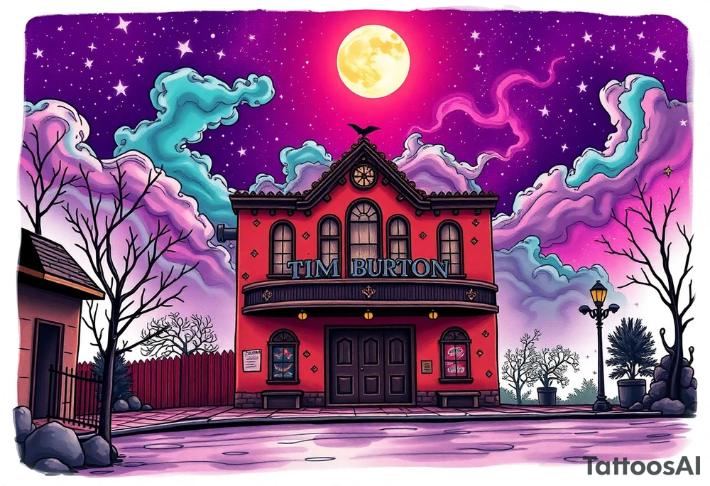 Tim Burton’s old theatre from outside view is the street abandoned and dripping with muted reds, dusty pinks, and eerie green glow purple and cyan smokey clouds swirl and dance in the moonlit night sky filled with twinkling stars  tattoo idea tattoo idea
