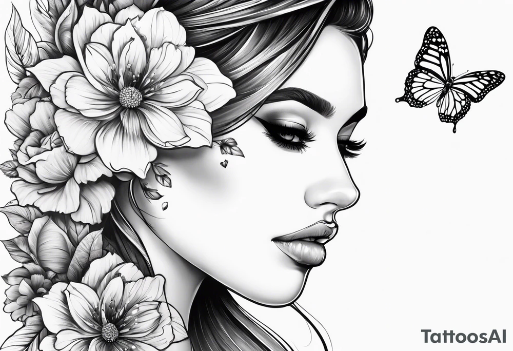 Women half face with flowers and butterfly tattoo idea