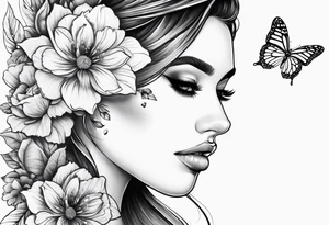 Women half face with flowers and butterfly tattoo idea