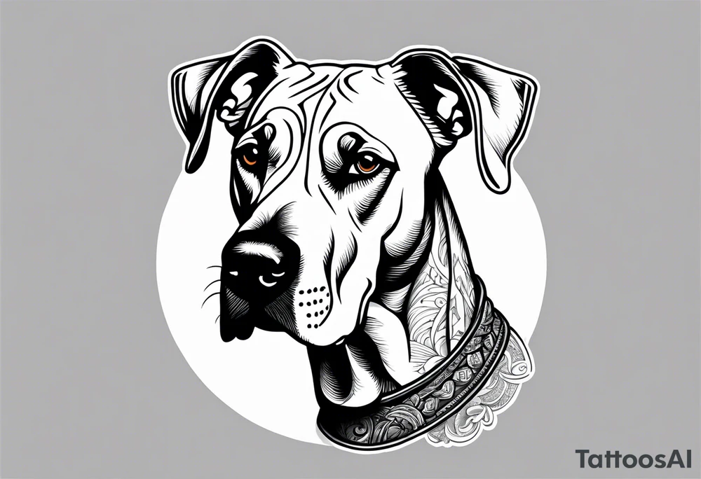 Arm sleeve with floppy ear Great Dane standing fiercely chest up with full work tattoo idea
