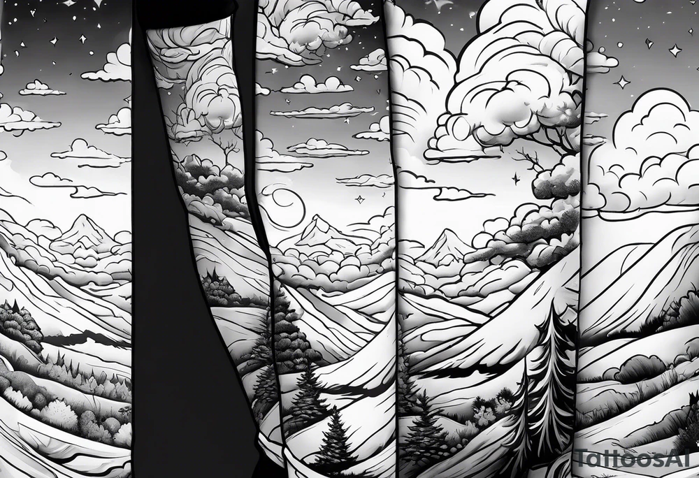 I want a arm sleeve where the sky is the background like the Calvin and Hobbes picture of them looking up at the sky tattoo idea