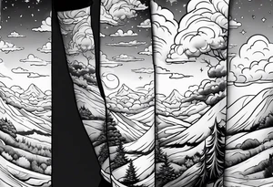 I want a arm sleeve where the sky is the background like the Calvin and Hobbes picture of them looking up at the sky tattoo idea