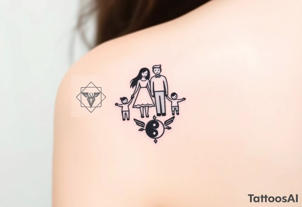 Magestic symbol of mom and dad with 3 kids surrounded by geometric patterns, Gemini sign, and ying yang tattoo idea