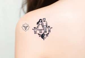 Magestic symbol of mom and dad with 3 kids surrounded by geometric patterns, Gemini sign, and ying yang tattoo idea