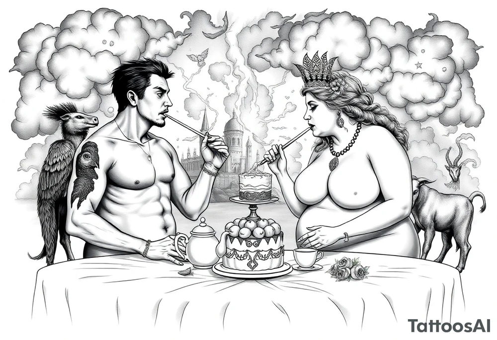 Mystical Naked Man and woman eating cake  having sex Storm lightening clouds gothic sexy naked fat lady having a tea party with tea pot and medieval castle explosions
with a piggy, peacock, noose, lion, goat, smoking cigerettes looking in the mirror thru storm clouds with razor blades and broken hearts and darkness and wrath, envy , gluttony, greed, sloth, pride kill tattoo idea