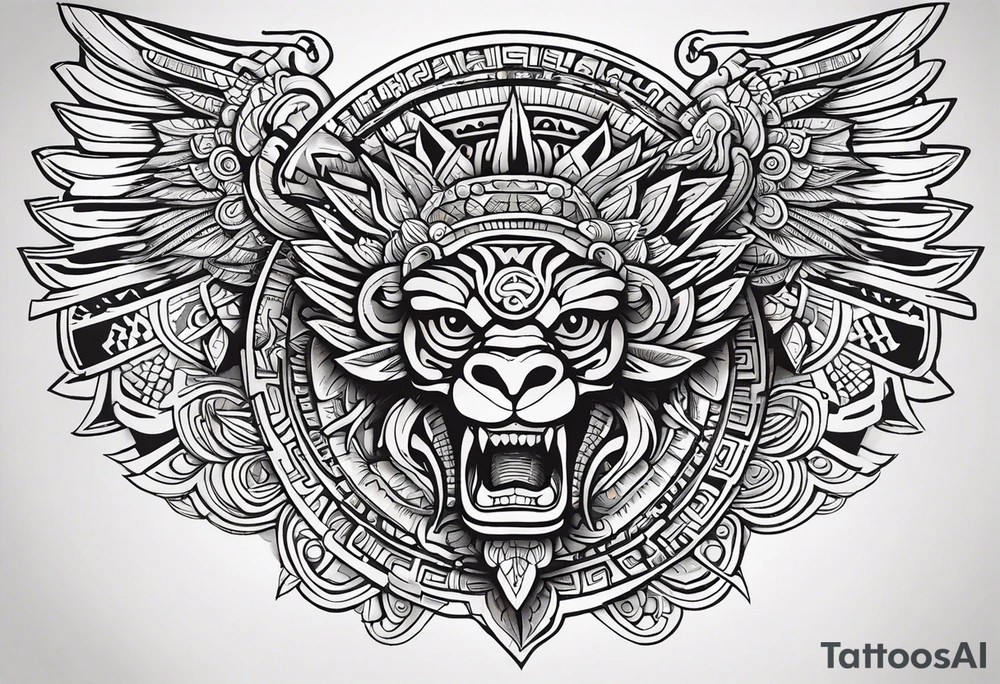 Design a masculine and fierce right chest tattoo of Quetzalcoatl, the Aztec feathered serpent god. Make Quetzalcoatl appear like if emerging from the chest with his powerful, head dynamically leading the way. His face should have sharp, intense features, with fierce, piercing eyes and serpent fangs bared. Incorporate traditional Aztec geometric patterns, like jagged lines and spirals, to emphasize strength and power. Use bold, black ink with subtle shading to give depth and texture, while ensuring the design stays sharp and aggressive. The feathers should appear sharp and stylized, giving an aura of both wisdom and danger. Refrence real illustrations in the Aztec culture tattoo idea