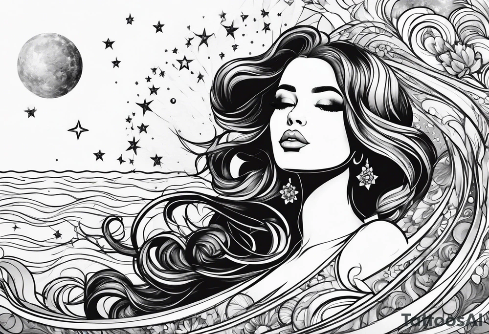 woman in pool reaching to stars tattoo idea