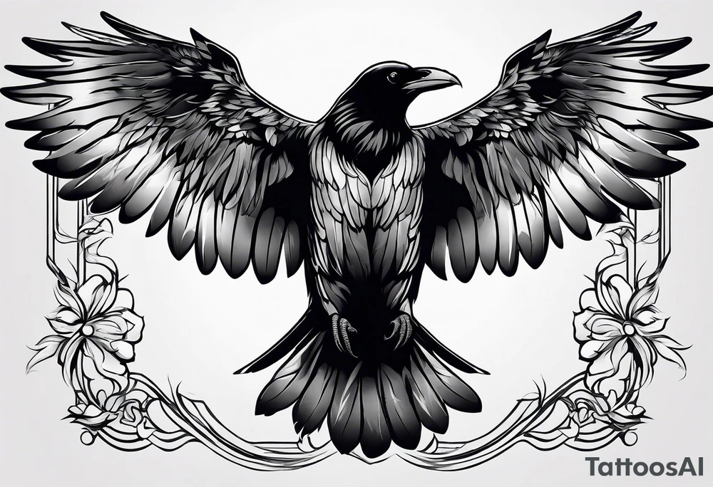 draw the outline of a flying raven, both wings are full on fire tattoo idea
