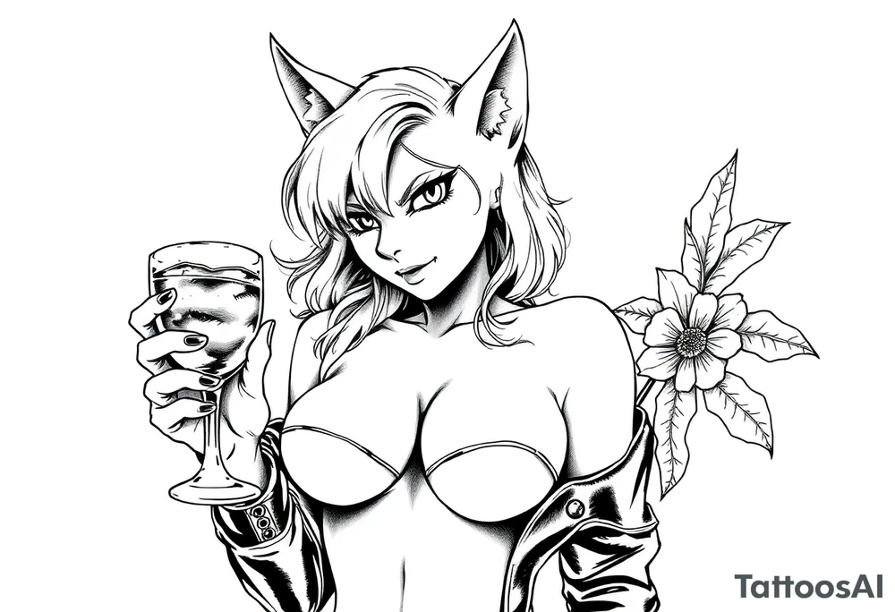 naked catgirl, slut, angry, leather, holding cocktail tattoo idea