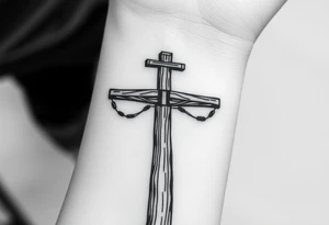 a wooden 12kv distribution pole with electrical lines. Make the pole a cross that has a hidden resemblance to god. tattoo idea