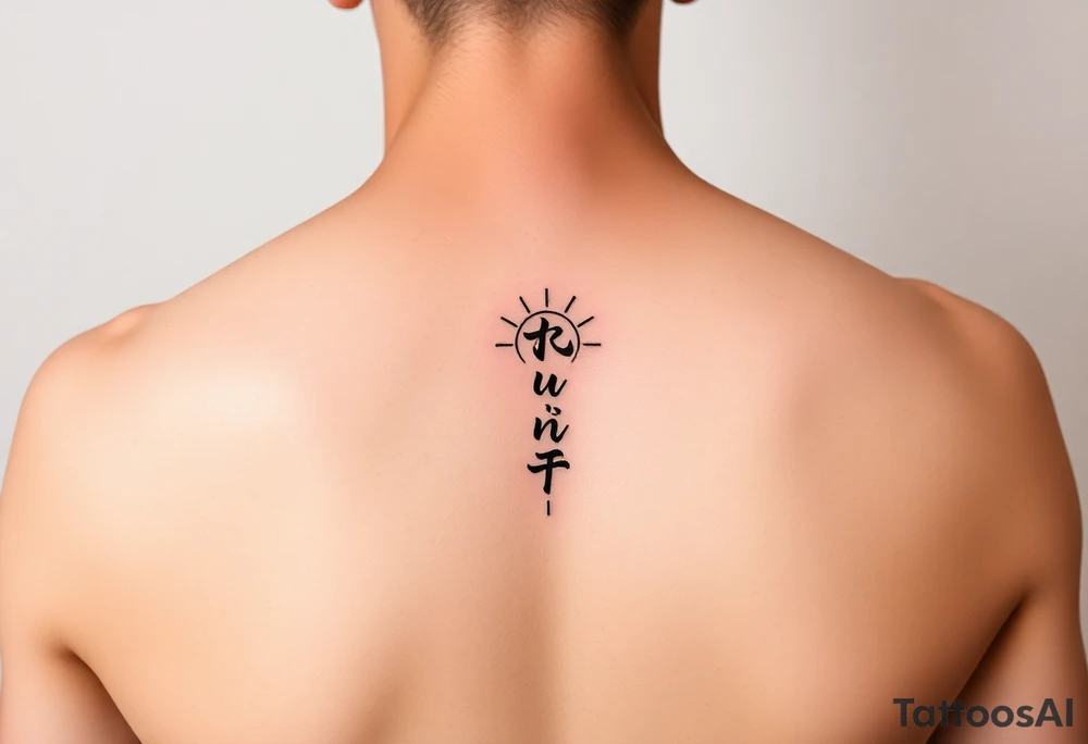 Word "phuong" written vertical with sun inner arm tattoo idea Word "phuong" written vertical with sun inner arm tattoo idea