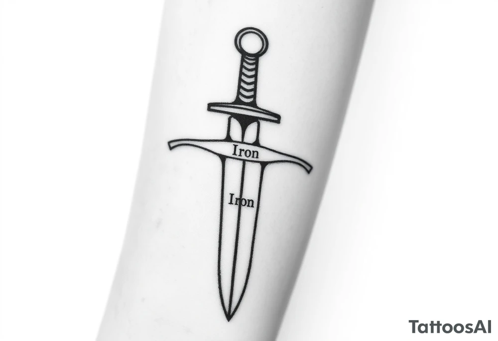 Black and white tattoo sketch of a medieval sword with the words “Iron Sharpens Iron” etched into the blade. Minimalist line art, no shading. tattoo idea