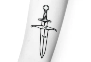 Black and white tattoo sketch of a medieval sword with the words “Iron Sharpens Iron” etched into the blade. Minimalist line art, no shading. tattoo idea
