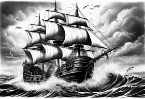Full sleeve with pirate ship in stormy weather and sharks swimming below tattoo idea